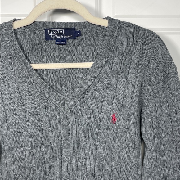 Polo Ralph Lauren Cable Knit Sweater Size Large V Neck Grey Cotton - Picture 5 of 15